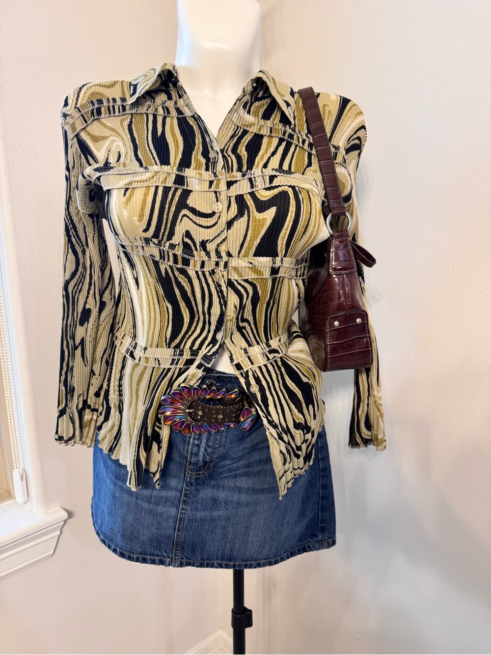 Essentials by Milano Wavy Stripe Button-Down Top in Beige and Black